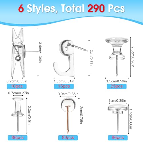 290 Pcs Push Pins, 6 Style Thumb Tacks Set for Wall Hanging,Cork Board, Bulletin Board, Decorative Steel Point Push Pins for Map, Photo, Craft, Office, Home - Clear