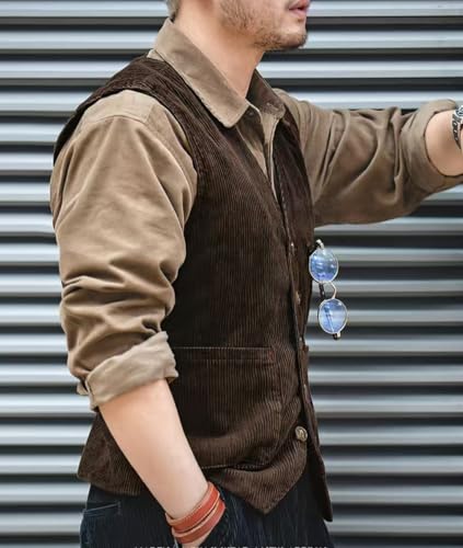 Retro Mens Corduroy Suit Vest Slim Fit V Neck 5 Buttons Vintage Casual Waistcoat for Prom Business Formal2