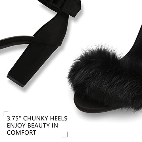 Jiu du Chunky Heels for Women Fur Feather High Heels Open Toe Ankle Strap Fuzzy Fluffy Block Heeled Shoes Prom Party Dance3