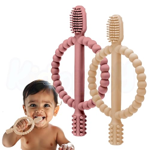 Image of Kidology Baby Teething Toy - Set of 2, Silicone Toothbrush Teether with Easy-Grip Handle, Dual-Sided Texture for Massage & Soothing Sore Gums| Teether for Babies 0-24 Months | Ideal for Gifting