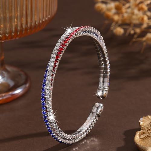 Image of Dreuyet American Flag Rhinestone Bracelet Red White Blue Crystal Patriotic 4th of July Shiny Decorations USA Independence Day Jewelry