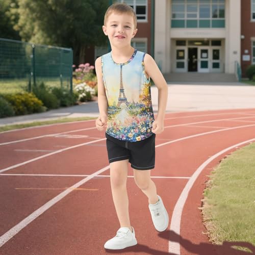 Boys Tank Top Shirts Watercolor Eiffel Tower Floral Sleeveless T-Shirts Crew Neck for Kids Clothing Children 5