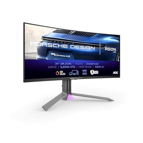 AOC Agon Pro PD34-34 Zoll WQHD OLED Gaming Monitor, 240 Hz, 0.03 ms, FreeSync Premium Pro, G-Sync comp., HDR400 (3440x1440, 2X HDMI 2.1, DisplayPort, USB-C (90W PD), USB Hub) schwarz