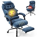 Massage Office Chair with Foot Rest,3D Kneading & Heat Executive Office Chairs,Big and Tall Fabric Office Chair 500LBS,Ergonomic Desk Chair for Heavy People,Recliner with Dual-Use Pillow,Blue