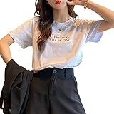 [Teddy] Tシャツ レディース 半袖 ゆったり カットソー 薄手 ロゴT ミドル丈 春夏 tops1411 (M, ホワイト)
