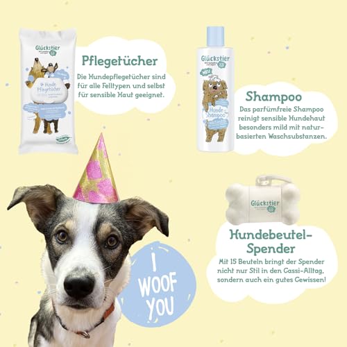 Glückstier Duo Geschenkset | Mit Glückstier Hundeshampoo parfümfrei (250ml) | Hundepflegetücher (60 STK.) | Hundebeutel-Spender (inkl. 15 Beutel) | ohne Parfüm | für Welpen & Sensible Hundenasen