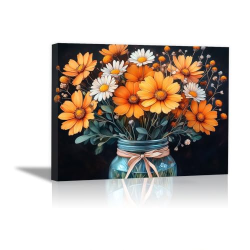 Tableau abstrait bouquet fleurs orange 60x90cm encadré QUSAAOU