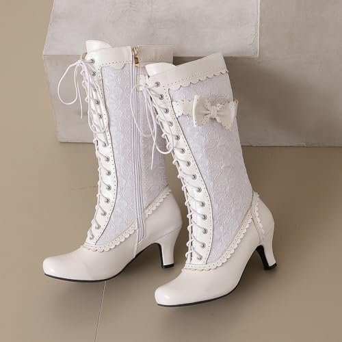 LUXMAX Women Gothic Victorian Boots Low Kitten Heel Mid Calf Boots Lace Up Cute Bow Boots for Ladies Witch Shoes4