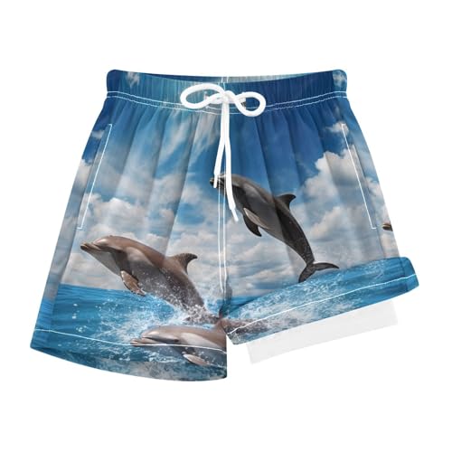 Dolphins Jumping Ocean Boys Swim Trunks with Compression Liner Quick Dry Bathing Bottom Kids Beach Shorts