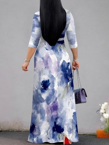 Image of SUZONANA Plus Size Dresses for Women Floral Print Maxi Dress Flowy 3 /4 Sleeve with Belt