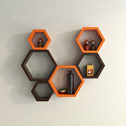 Image of Bros Moon Wall Mounted TV Cabinet, L-Shape, Choco White, MDF, Modern Style, Laminated Finish, for Living Room, Suits TV up to 55 Inches (Brown White, Hexagon Set of 6)