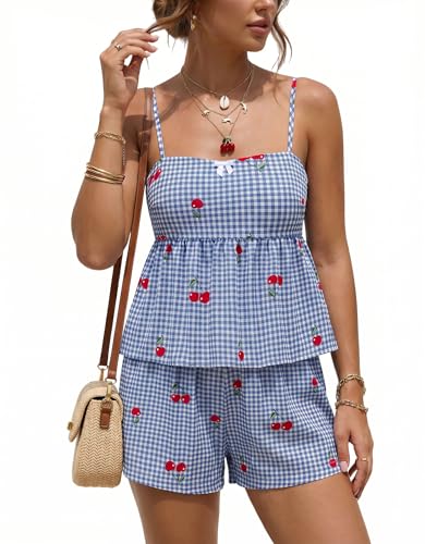 GAMISS Plaid Summer Sets Women 2 Piece Outfits Gingham Cherry