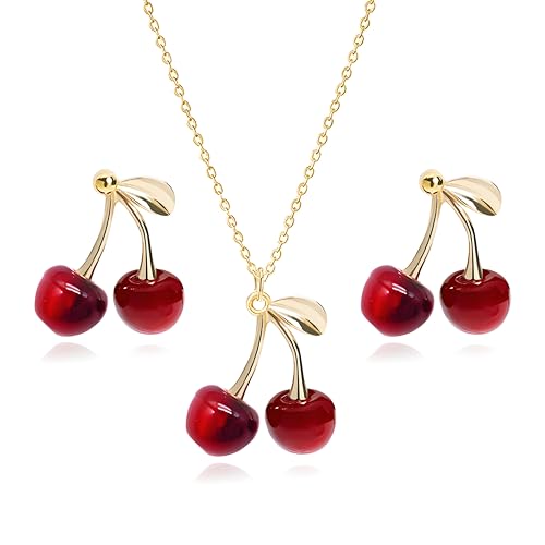 WCRAZYE Cherry Earrings Necklace Sets for Women Funny Charm 3D Red Cherry Earrings Sweet Fruit cherry Earring Summer Fashion Jewelry (Dark Red-S)