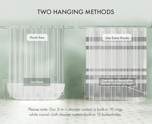 Image of AmazerBath No Hook Shower Curtain and Liner 3-in-1, 100% EVA Luxury Soft Heavy Duty Clear Shower Liner, 72x75 Hookless Shower Curtain with 3 Heavyweight Stones