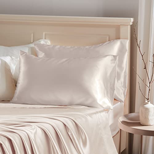 Manyshofu Funda de almohada de satén beige para protección del cabello, 2 fundas de almohada estándar, fundas de almohada lujosas y sedosas de 20 x 26 pulgadas, fundas de almohada con cierre de sobre