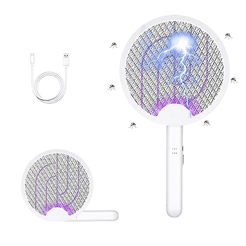 Folding Electric Fly Swatter Racket,2-in-1 USB Rechargeable Fly Zapper,Dual Modes FlyKiller with Mosquito Trap Lamp,Outdoor Indoor FlySwatter Electric Zapper for Mosquitoes, Flies, Bees, Moths