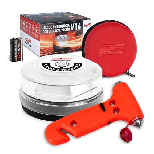 Baliza V16 Homologada DGT 3.0 con Geolocalización – Luz de Emergencia Ultrapotente 4× Visible Día/Noche – Cobertura Nacional Multioperador – Datos hasta 2038 – Incluye Martillo de Emergencia 4 en 1