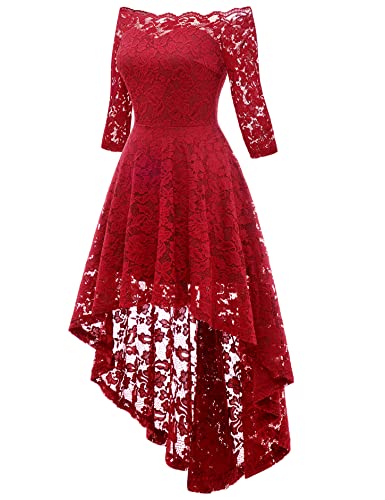 Muadress Women Vintage Lace Cocktail Party Dress Off Shoulder 3/4 Sleeve Hi-Lo Dress A-Red Medium #TOP1