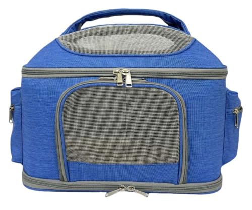 ペットキャリー メッシュ キャリーバッグ 固定可 ソフトクレート ペットキャリーケース ポケット付き ショルダーバッグ 通院用 上端を開ける 旅行 猫/犬/うさぎ用小屋 防災 アウトドア おでかけ 折り畳み 軽量 マット付き 通気性 (ブルー, 42x30