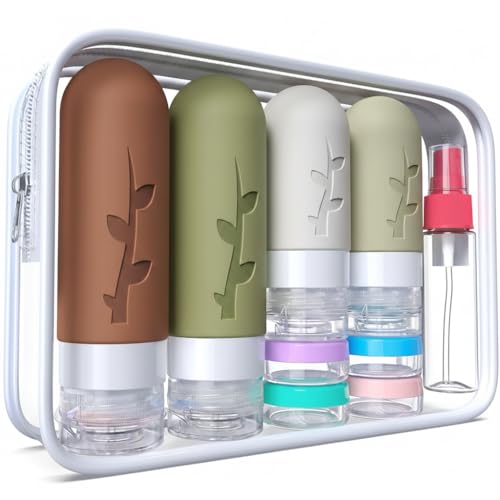 Image of DEPOZA Travel Bottles Kit (16 Pack) - TSA Approved, Leak Proof Silicone Squeezable Containers for Toiletries. Complete Set with Jars, Sprayers & Bag (Earthy brown)