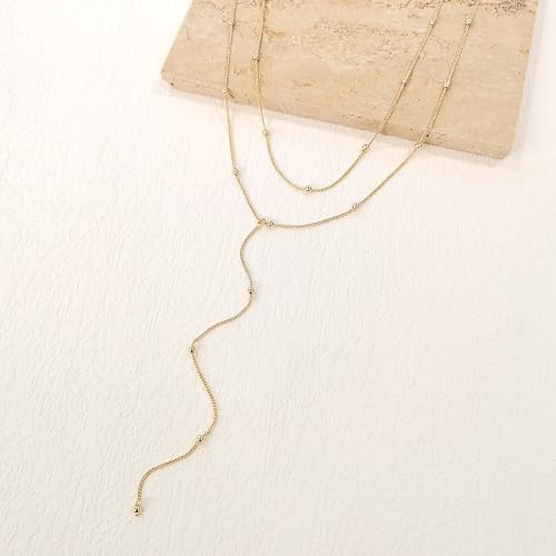 lariat gold necklace for women dainty long necklace 14k gold platedsilver y-shaped layered beaded chain drop necklaces for women trendy simple gold jewelry for women gifts