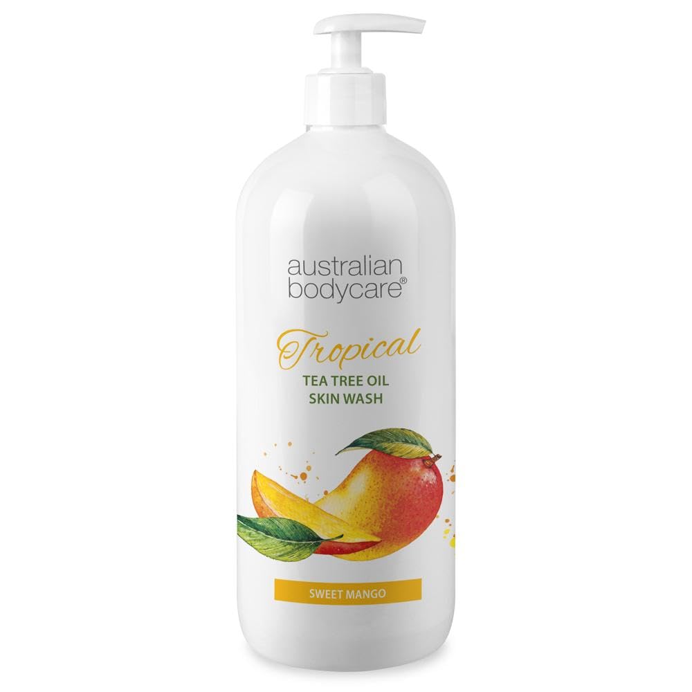Jabón de Piel Profesional 1000 ml | Aceite de árbol de té + Gel de mango dulce tropical | Gel de Baño para el cuerpo | Tiene un efecto suavizante | Para pieles impuras, espinillas o antes del afeitado