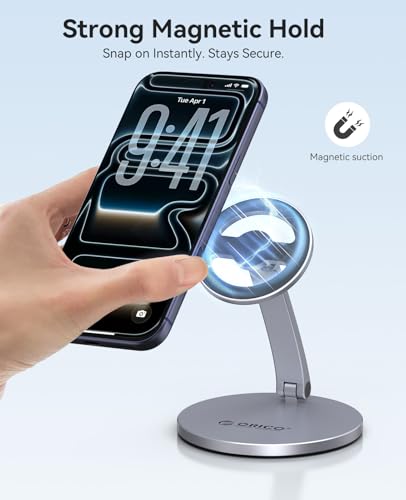 ORICO Magnetic Phone Stand for MagSafe, Aluminum Holder, 360° Rotation, PS1 | Foldable Phone Holder for iPhone 12-18, Duo, MagSafe Devices & Cases, 360° Rotation for Desk, Streaming & Video Calls, Gray - image 2