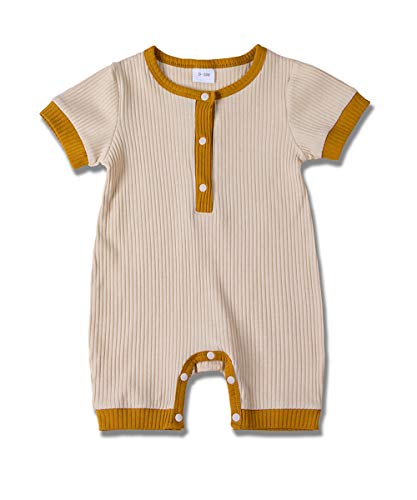 Newborn Infants Baby Boy Girl Solid Color Short Sleeve Romper Waffle Cotton Button Jumpsuit Pajamas (Apricot, 6-9 Months)