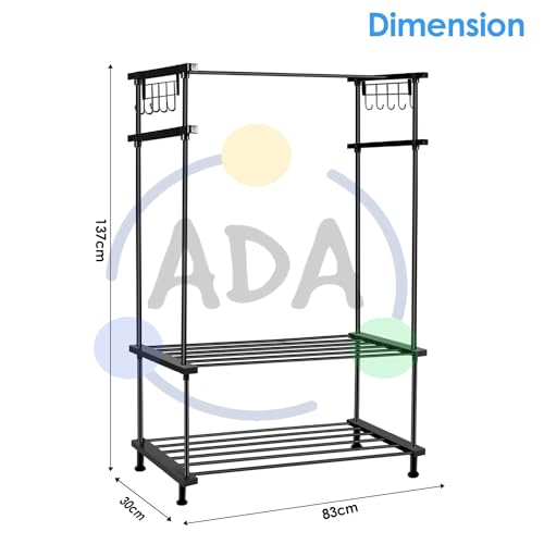 Image of ADA Premium High Density Drizzle Metal Garment Rack with 10 Side Hooks and 2 Lower Shelves | Heavy Duty Multifunctional Clothes Rack - Black (83 x 30 x 137cm)
