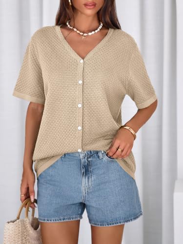 Image of NALANISA Women's Short Sleeve Sweater Spring Summer Crochet Knit Tops 2026 V Neck Striped Button Down Dressy Casual Blouses