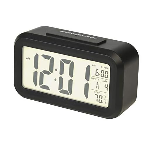 RCA Portable Alarm Clock with Auto Night Light Sensor, Adjustable Brightness, Indoor Temperature Display, Full Calendar with 12 or 24 Hour Options