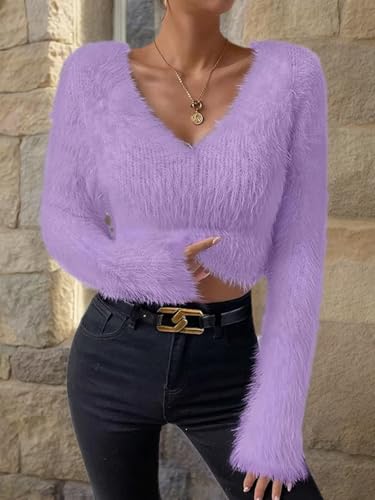 Women's Fuzzy Fluffy Long Sleeve V Neck Crop Sweater Casual Plain Slim Fit Warm Knitwear Sweater Tops4
