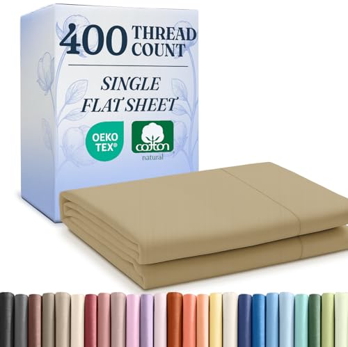 queen 400 thread count 100% cotton flat sheet - comfortable, cooling & breathable cotton - top flat sheet only - luxury hotel quality bedding - extra soft and comfy - easy care, wrinkle free - beige