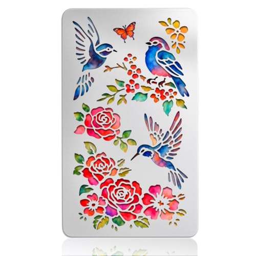 UNICRAFTALE Pochoir Métal Fleur Oiseaux Réutilisable Modèle Fleurs pour Journaling Pyrogravure Modèle Oiseaux Fleurs en Acier Inoxydable Réutilisable pour...