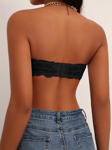 Image of Luna & Sun Women's Strapless Lace Bandeau Padded Tube Top Bralette, with Back Hook and Eye Closure