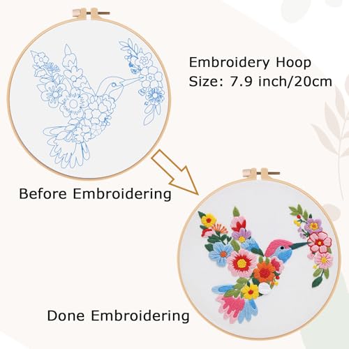 Image of Nuberlic Bird Flower Embroidery Kit for Beginners -Adults Starter Cross Stitch Kit DIY Needlepoint with Hoop, Pre-Printed Fabric, Threads & Step-by-Step Guide