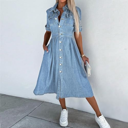 Image of Women Denim Shirt Dress V Neck Short Sleeve Long Bottom Down A-Line Jeans Dresses with Pockets