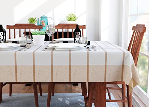 Image of Encasa XO Table Cloth (10 ft Long) for 8 to 10 Seater Large Center Dining Table - Beige Panel with Borders - Heavy Homespun Eco-Cotton Fabric, Washable, for Home, Garden, Hotel & Restaurant