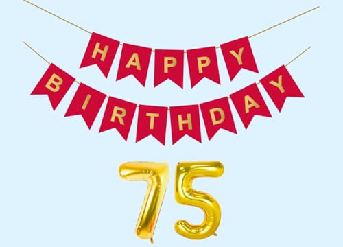 Image of 75th Happy Birthday Decoration Kit Red for 75 year Old Men with Number Seventy-five Party Decorations Decor Celebration Items Item Set Combo Reusable Paper Banner