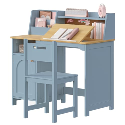 Image of Treocho Kids Study Desk and Chair Set, Kids Desk with Hutch and Tiltable Desktop for 3-8 Years Old, Wooden Children Study Table with Storage Cabinet, Student Writing Desks Bedroom, Home School, Blue