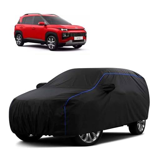 Image of Sulfar 100% Water Resistant Car Body Cover Compatible with Mirror for Hyundai Exter (Triple Stitched, Full Bottom Elastic, Black Tafetta with Blue Piping)
