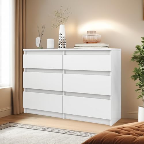 YITAHOME Kommode, 6 Schubladen Schlafzimmerschrank, modernes Möbel 100x30x70cm, stabil & sicher, aus Holz, mit Laufschienen, Weiß