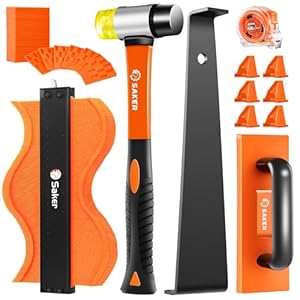 Saker Laminate Flooring Tools, 65-Piece Wood Flooring Installation Kit with 60 Flooring Spacers,Tapping Block with Handle, Pull Bar, 10”Contour Gauge, Rubber Mallet, Tape Measure