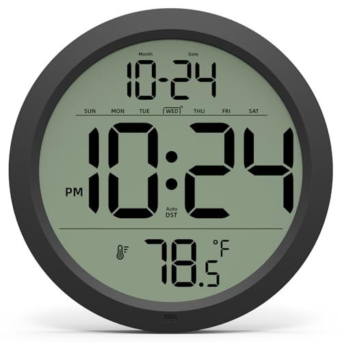 Digital Wall Clock with Date, Indoor Temperature, Auto-DST, Battery-Operated Digital Clock, 8 Inch Small Decorative Wall Clock for Bedroom, Living Room, Home, Kitchen, Office, Modern, Electric, Simple