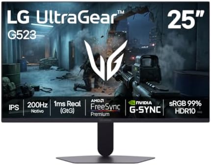 Monitor LG UltraGear -Tela IPS de 25”, 200Hz, 1ms (GtG), NVIDIA G-SYNC e AMD FreeSync Premium, HDR10, sRGB 99%, Preto - 25G523B