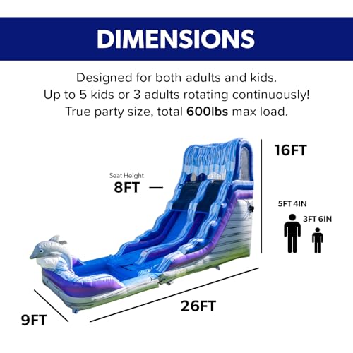 Image of HeroKiddo 16ft Tall Dolphin Inflatable Water Slide with Detachable Pool & Blower, 26ft Long Commercial Grade PVC, Heavy Duty Wet /Dry Slide for Kids & Adults, Front Load Entry for Easy Supervision