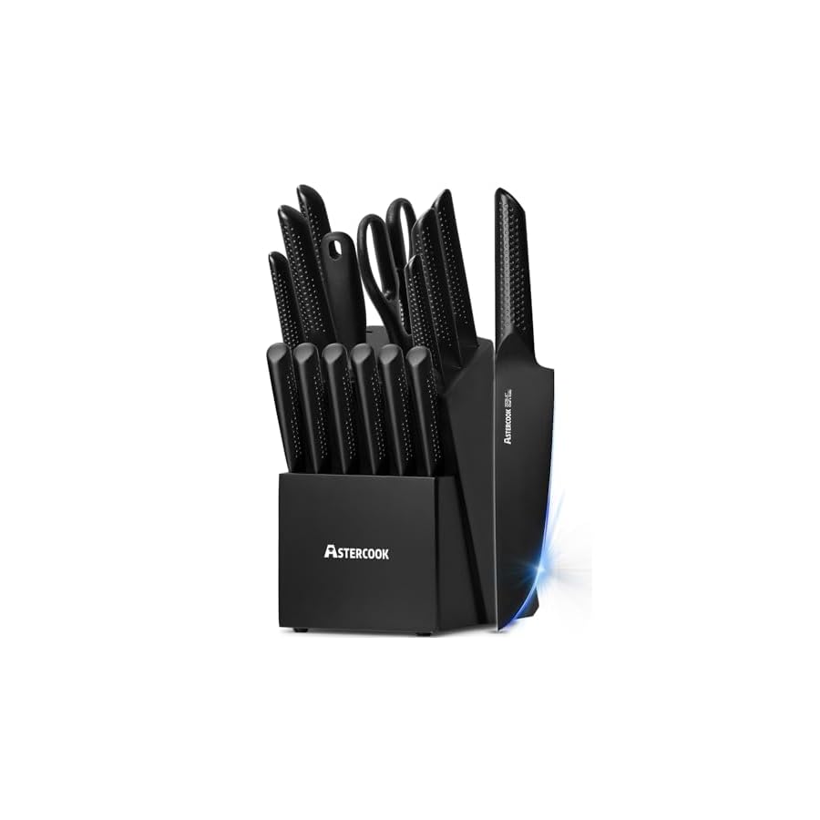 Astercook Kitchen Knife Set, 15 Pieces Chef Knives Set with Block, German Stainless Steel Handle One-Piece Design Knife Block Sets Dishwasher Safe Black