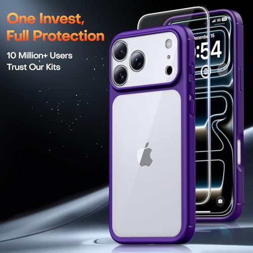 Image of TAURI for iPhone 17 Pro Case, with Screen Protector, Purple | Full Camera Protection, Anti-Yellowing Military-Grade Protection Shockproof Slim Phone Case for iPhone 17 Pro