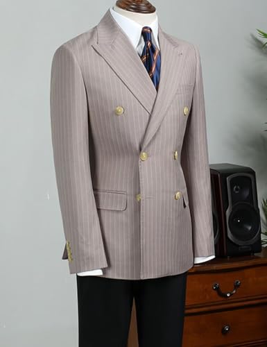 Men's Double Breasted Peak Lapel Jacket Twill Stripes Blazer Sport Coat for Spring Summer Wedding Party3