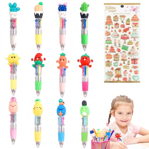 LHOEST 13 PCS Kawaii Stifte für Kinder - 4 in 1 Mini Kugelschreiber mit Tierkopf - Süße Cartoon Stifte für Mädchen und Jungen - Mitgebsel für Kindergeburtstag und Partys
